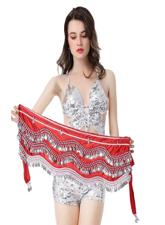 Women's Belly Dance Hip Scarf with Gold Coins Belly Waist Chain Dance Hip Scarf Belly Dance Skirt (Red Silver)